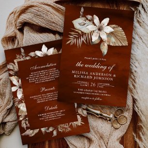 Invitation Mariage Orange Brûlé Tout en Un Fleurs de Palmier