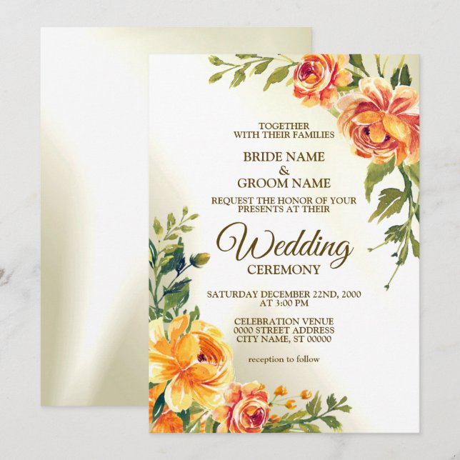 Invitation Mariage Orange Jaune Rouge Floral Vert Moderne (Devant / Derrière)