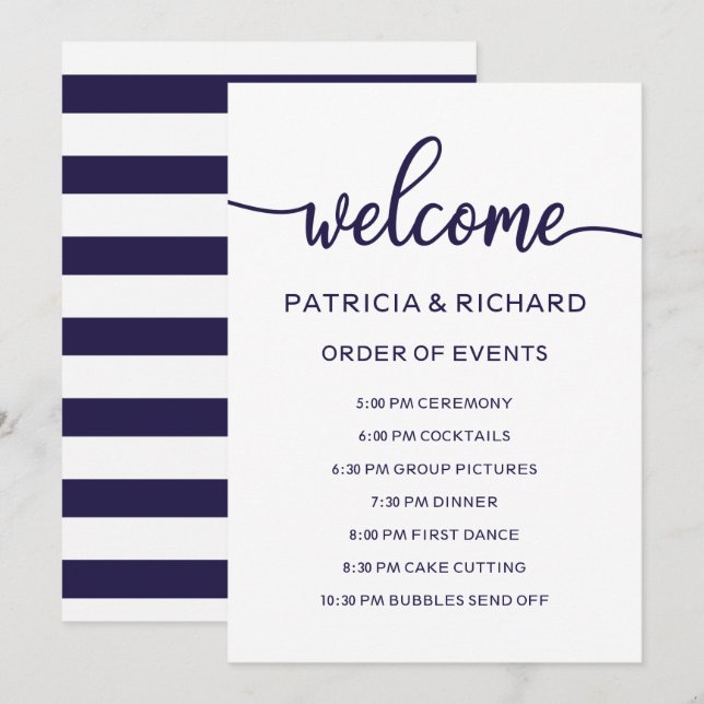 Invitation Mariage Ordre des événements Chic Navy Bleu Calend (Devant / Derrière)