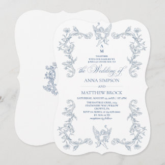 Invitation Mariage Orné Élégant Fleur Bleu Français