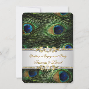 Invitation Mariage ou Fiançailles Paon Bleu Vert Or