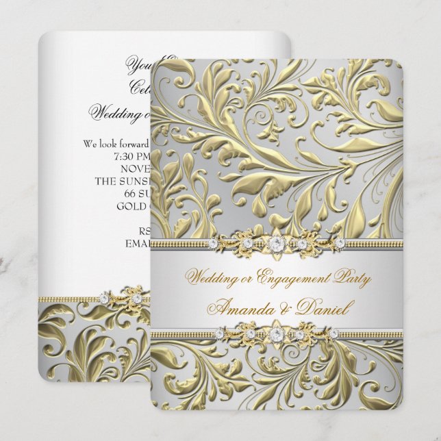 Invitation Mariage ou Fiançailles Tourbillons Floral Or Argen (Devant / Derrière)