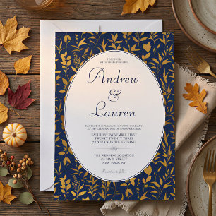 Invitation Mariage ovale formel floral bleu or automnal