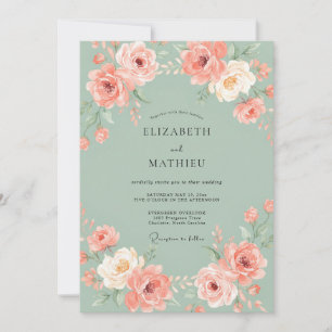 Invitation Mariage Paeonie Corail Sage