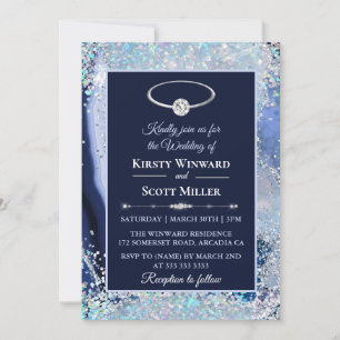 Invitation Mariage Pailleté Agate Bleu Argent