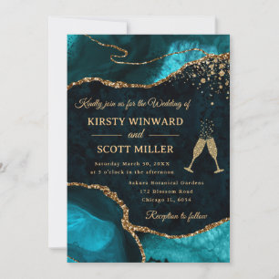Invitation Mariage Pailleté Agate Bleu-vert et Or