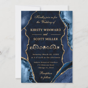 Invitation Mariage Pailleté Bleu et Or Agate et Marbre