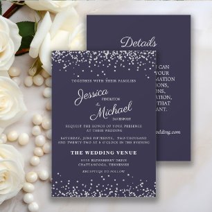 Invitation Mariage Pailleté Bleu Marine et Argent et Détails