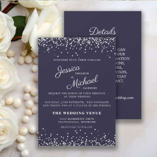 Invitation Mariage Pailleté Bleu Marine et Argent et Détails