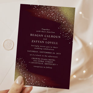 Invitation Mariage Pailleté Bourgogne et Or