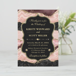 Invitation Mariage Pailleté de Marbre d'Agate Rose Élégant en