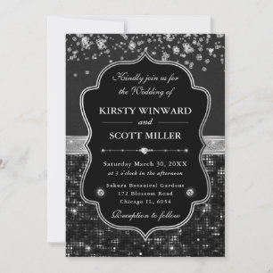Invitation Mariage Pailleté Élégant Noir et Argenté