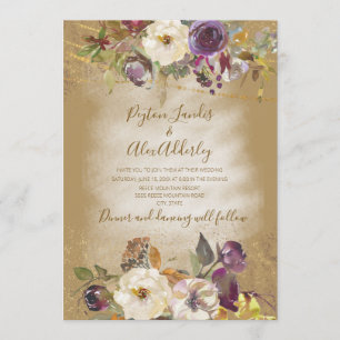 Invitation Mariage Pailleté Floral Brun Ivoire Violet