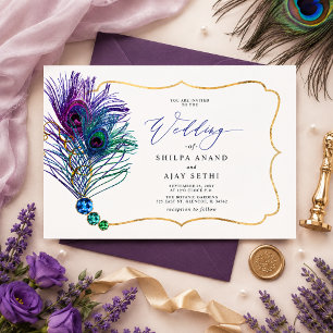 Invitation Mariage Pailleté Or Bleu Violet Plume de Paon
