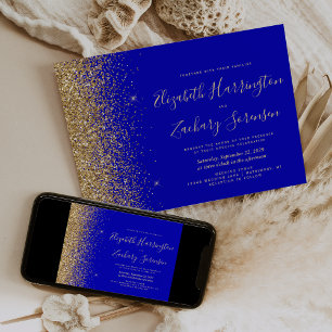 Invitation Mariage Paillettes Bleu Royal Moderne Or