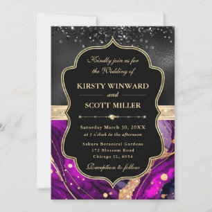 Invitation Mariage Paillettes Noires Agate Violette Élégante