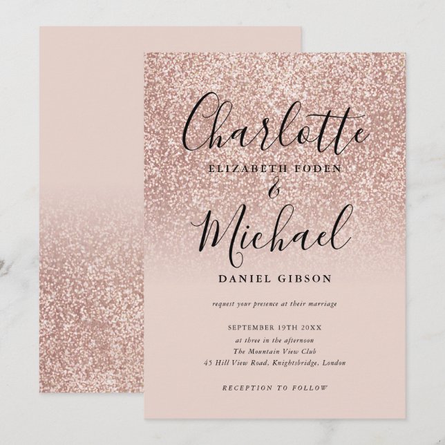 Invitation Mariage Paillettes Or Rose Écriture Élégante (Devant / Derrière)