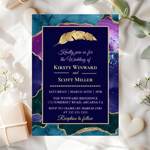 Invitation Mariage Paillettes Or Turquoise Violet Agate