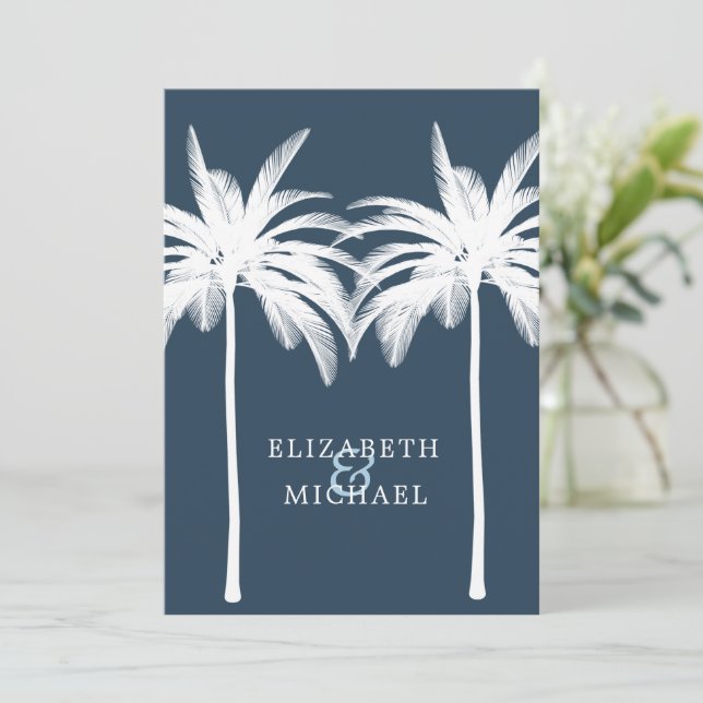 Invitation Mariage Palm Elégant Moderne Bleu Bleu Bleu Formal (Debout devant)
