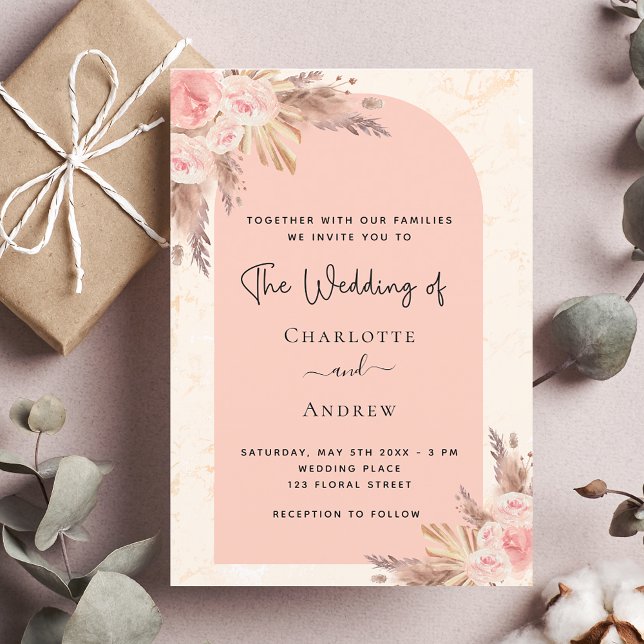 Invitation Mariage pampas herbe rose or blush boho (Créateur téléchargé)
