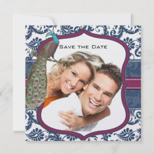 Invitation Mariage Paon Damassé Élégant Navy & Berry Berry
