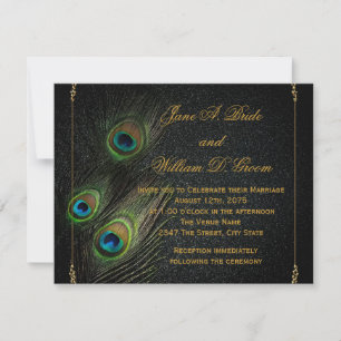 Invitation Mariage Paon Noir et Or