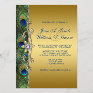 Invitation Mariage Paon Vert Émeraude et Or