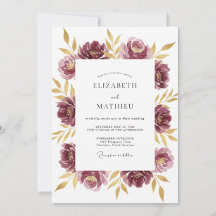 Invitation Mariage Paonée Or Prune