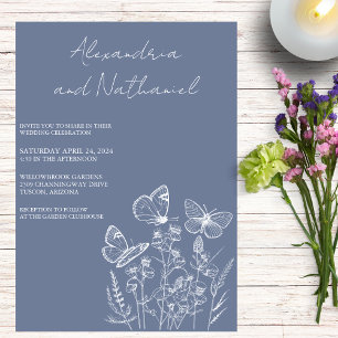 Invitation Mariage papillon bleu et blanc Dusty moderne