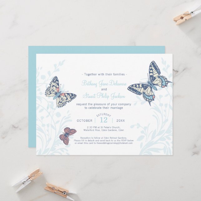 Invitation Mariage papillon d'art bleu clair (Devant/Arrière en situation)