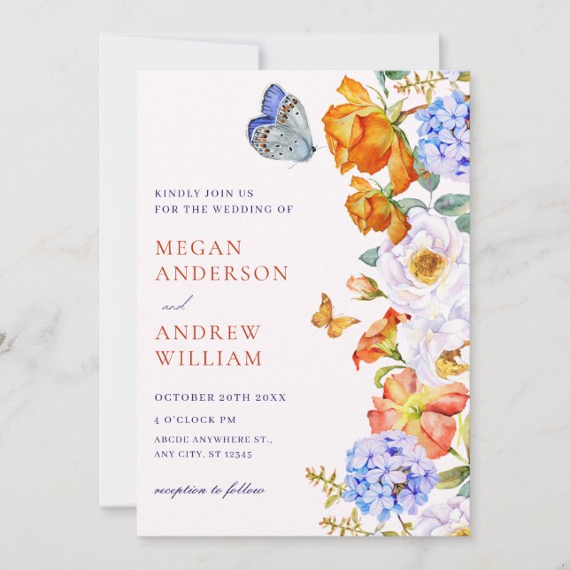 Invitation Mariage papillon de jardin fleuri (Devant)