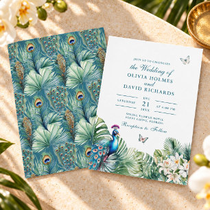 Invitation Mariage Papillon Fleurs Tropicales Paon Sarcelle