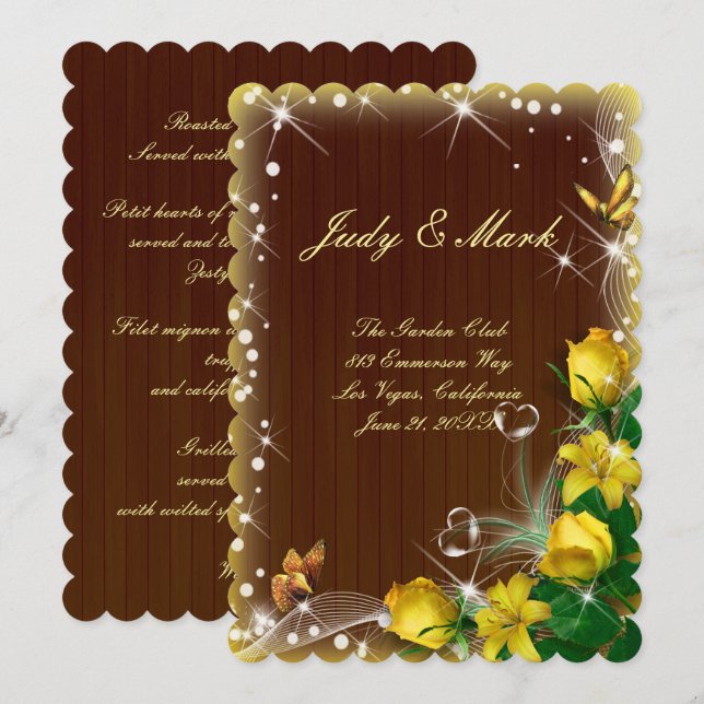 Invitation Mariage Papillon Floral Jaune Bois Sombre Rustique (Devant / Derrière)