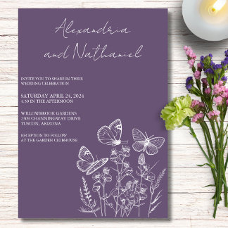Invitation Mariage Papillon Moderne Améthyste Violet & Blanc