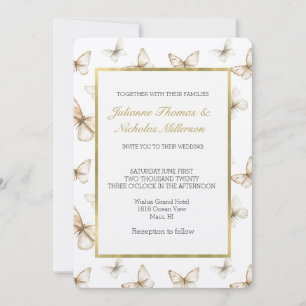 Invitation Mariage Papillons Blanc Crème Or Chic