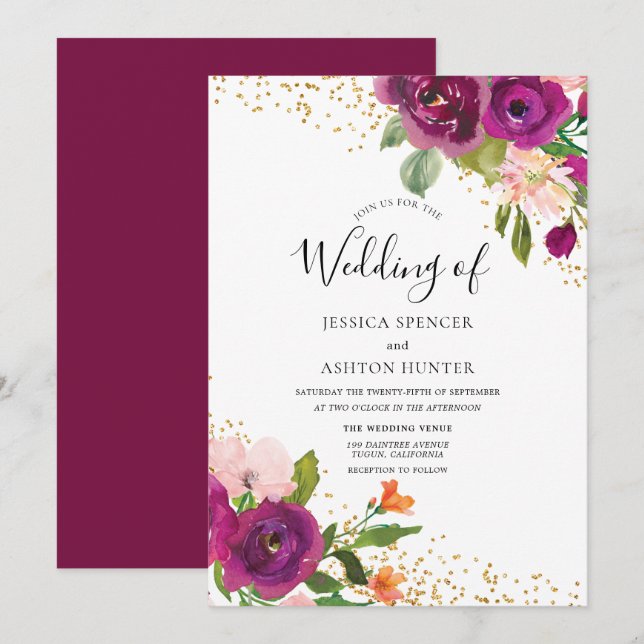Invitation Mariage parfait : Bourgogne Rose Flower Parties sc (Devant / Derrière)