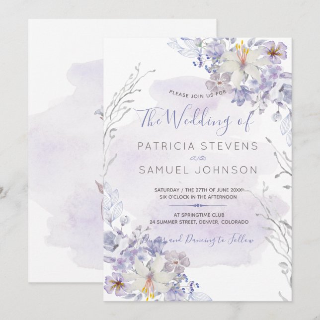 Invitation Mariage pastel bleu printemps aquarelle fleurit (Devant / Derrière)