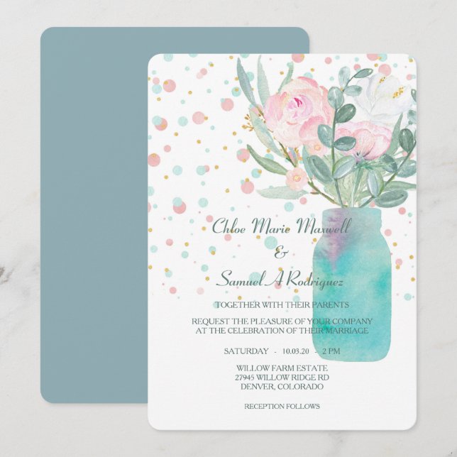 Invitation Mariage Pastel Confetti Mason Jar Fleurs (Devant / Derrière)