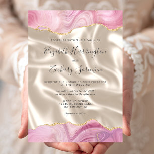 Invitation Mariage Pastel Rose Or Agate Soie Ivoire