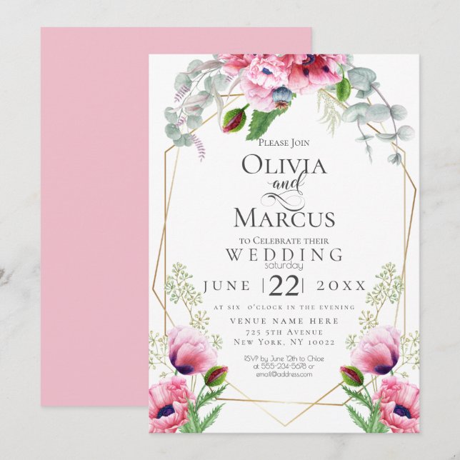 Invitation MARIAGE | Pavois roses et feuillage (Devant / Derrière)