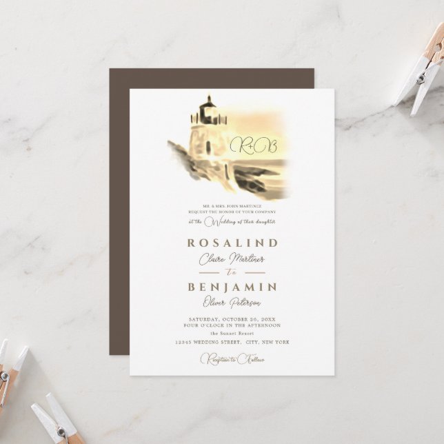 Invitation Mariage paysager Chic Gold Watercolor (Devant/Arrière en situation)