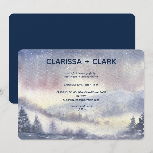 Invitation Mariage paysager moderne Watercolor Mountain (Devant / Derrière)