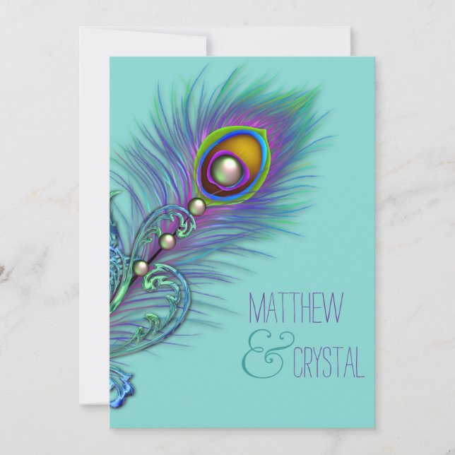 Invitation Mariage Peacock bleu pourpre et Turquoise (Devant)