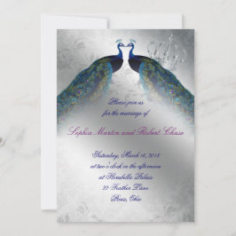 Invitation Mariage Peacock Inviter Blue Silver Vintage Mod