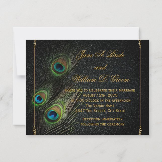 Invitation Mariage Peacock noir et or (Devant)