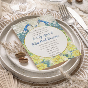 Invitation Mariage Peacock Vintage gris jaune et bleu