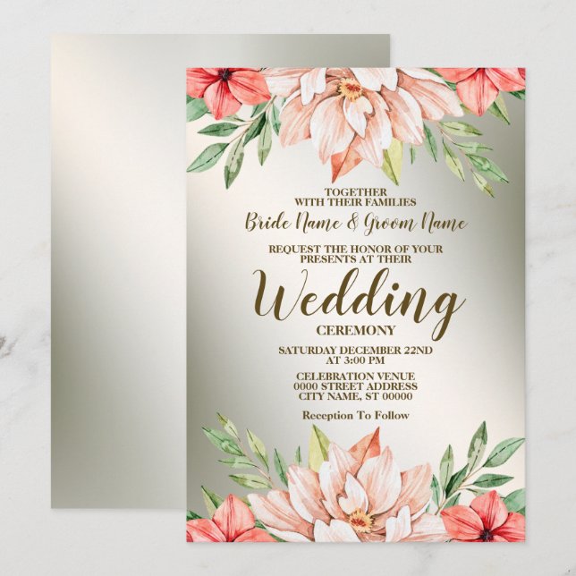 Invitation Mariage Pêche Orange Floral Golden Frame Rustique (Devant / Derrière)