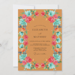 Invitation Mariage peint à la térébenthine turquoise moutarde