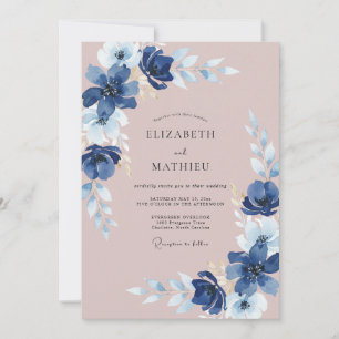 Invitation Mariage peint à l'indigo rose poussiéreux