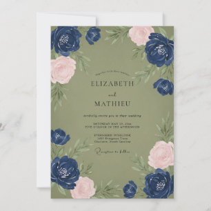 Invitation Mariage Peint à l'Olive Rose Navy